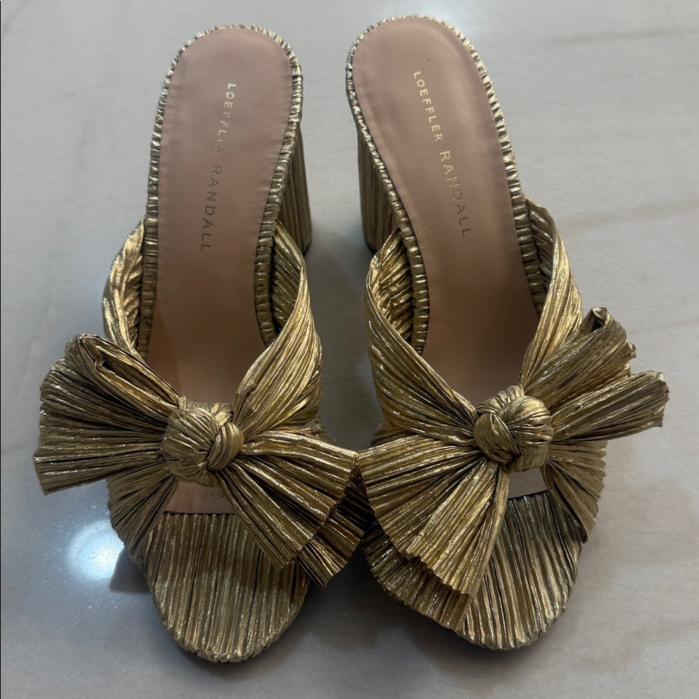 Loeffler Randall Gold Knotted Bow Block Heel Sandals